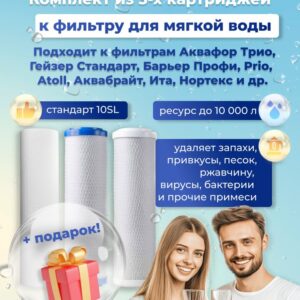 Комплект сменных, 10SL, 3 штуки, к фильтру ТРИО НОРМА, Гейзер СТАНДАРТ, Барьер ПРОФИ и других из 3Х КОЛБ + ПОДАРОК!